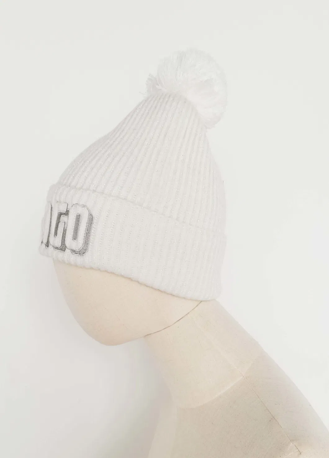 Winter Ladies White Customized Embroidery Plain Knitted Pompom Hat Beanie