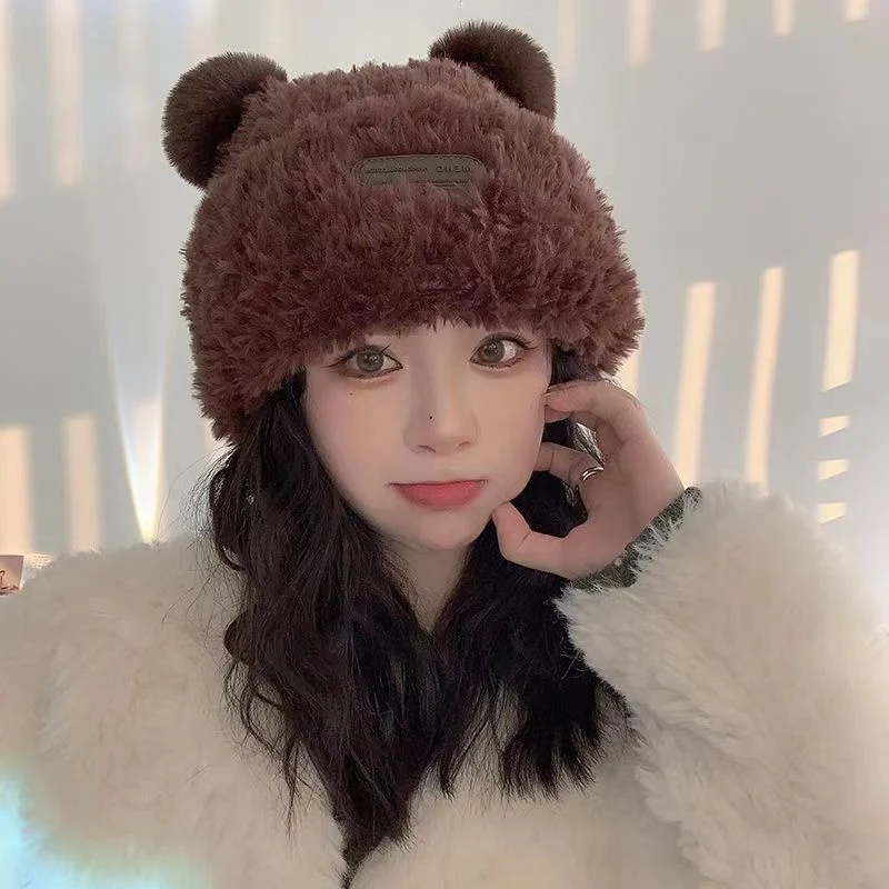 Sweet Cute Bear Ear Hat Female Winter Warm and Thick Plush Ear Protection Hat