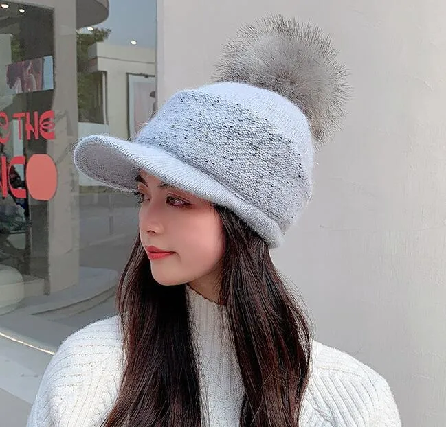 Women&prime;s Winter Knitted Warm Baseball Hat Cute POM POM Rabbit Hair Beanie Hat