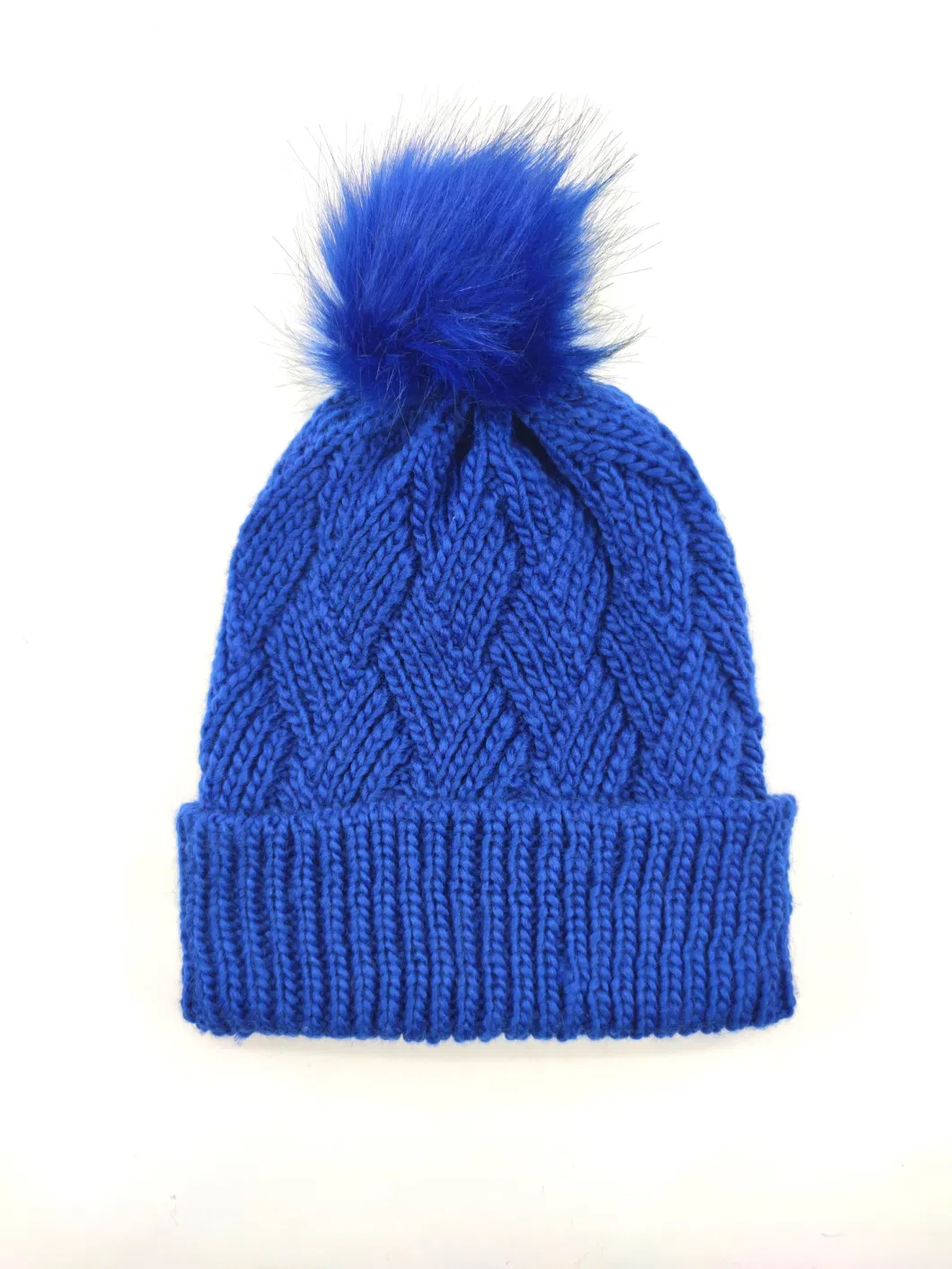 Acrylic Icelandic Yarn Jacquard Knitted Hat Turn up The Cuff with Fake Fur Pompon on Top