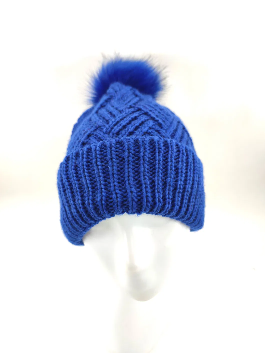 Acrylic Icelandic Yarn Jacquard Knitted Hat Turn up The Cuff with Fake Fur Pompon on Top