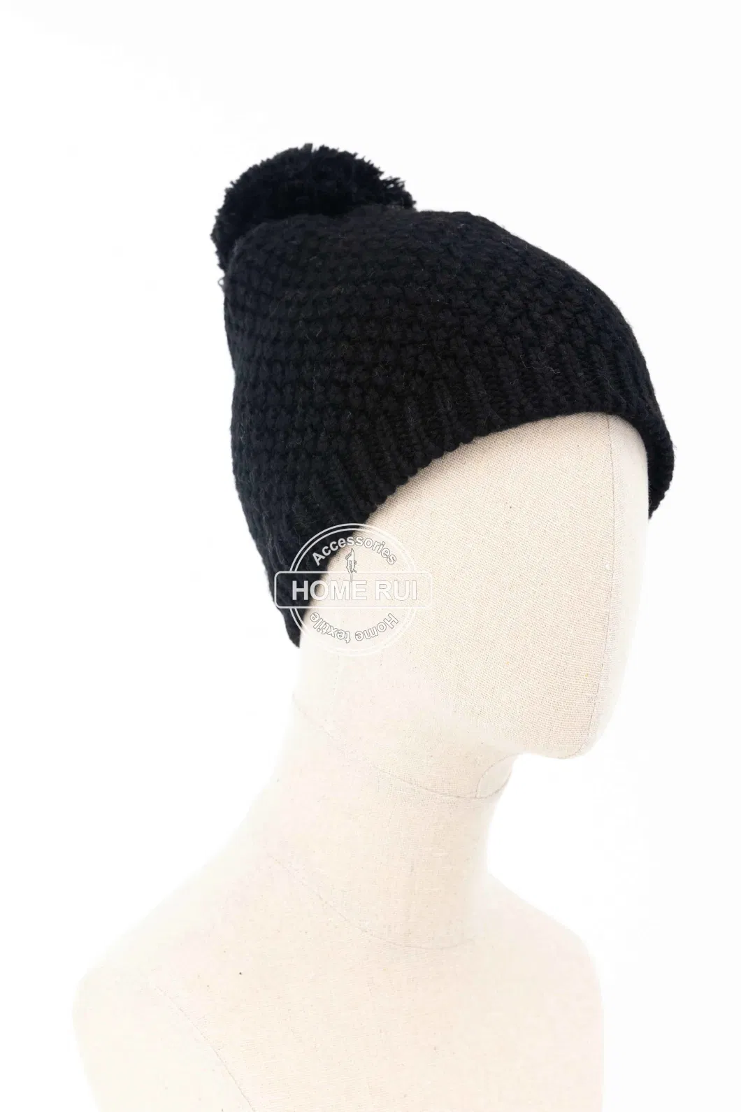 Women Warm Soft Wool Black Pompom Jacquard Knitted Basket Weave Design Bonnet Casual Hat Beanie