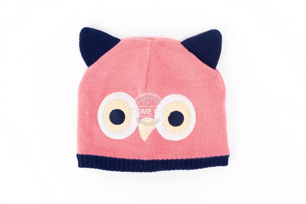 Kids Girl Children Warm Soft Slouchy Pink Solid Plain Knitted Owl Animal Design embroidery Bonnet Casual Beanie Hat