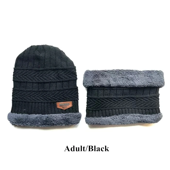 Velvet Lined Thicken Ski Skull Caps Men Kids Winter Hat Scarf Set Neck Warmer Wool Knitted Beanie Hats