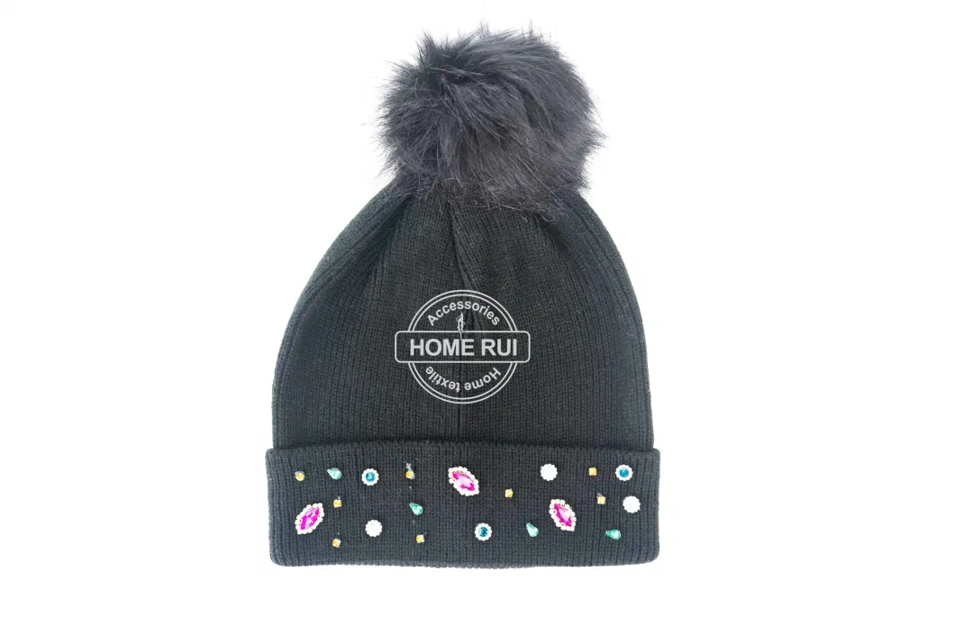 Women Warm Soft Slouchy Acrylic Black Solid Plain Fur Pompom Knitted Rib Sequin Stone Design Bonnet Casual Hat Beanie