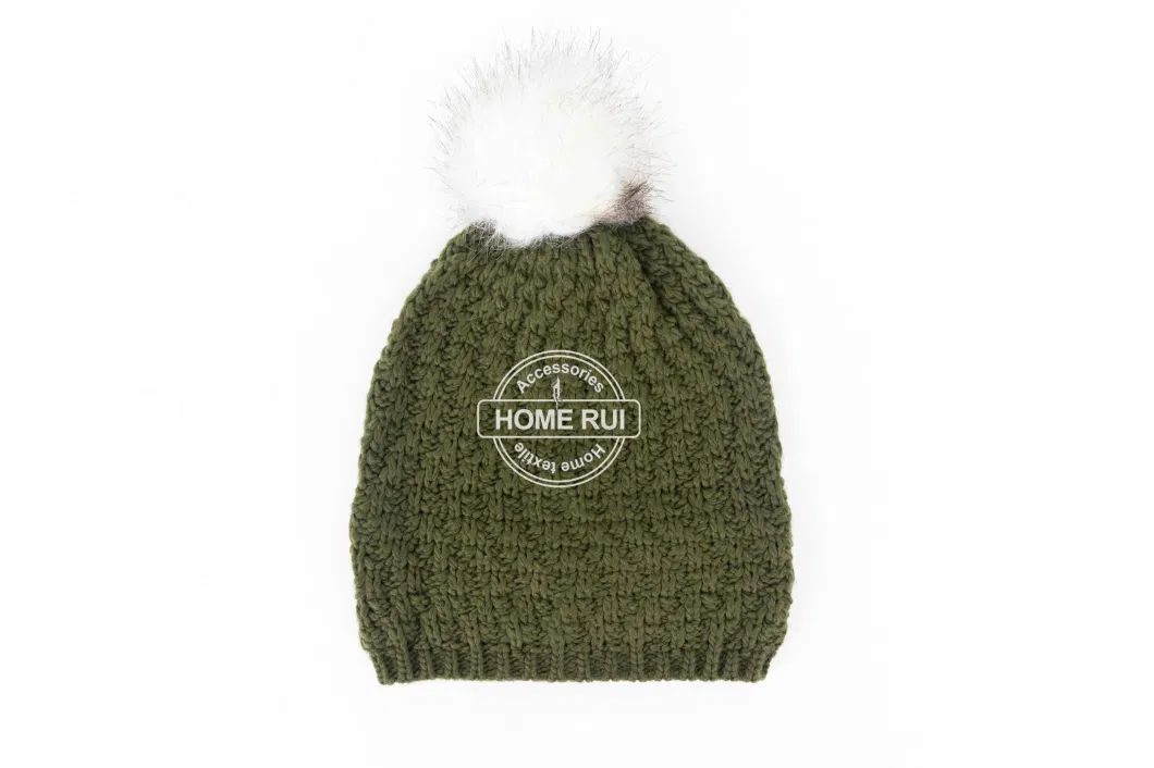 Women Warm Soft Slouchy Acrylic White Fur Pompom Olive Zigzag Knitted Jacquard Bonnet Casual Beanie Hat