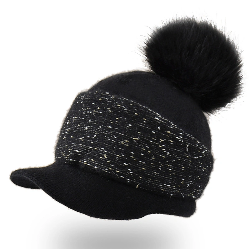 Women&prime;s Winter Knitted Warm Baseball Hat Cute POM POM Rabbit Hair Beanie Hat