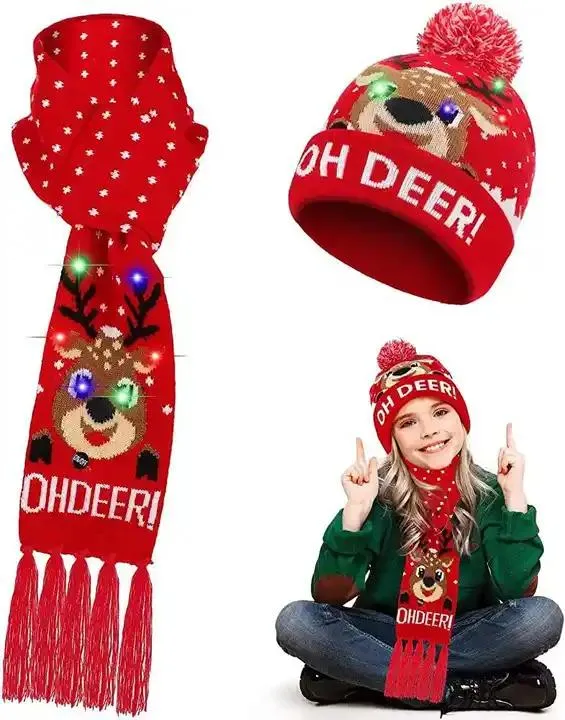 Wholesale Price Custom Design Cheap Christmas Knitted Scarf Xmas Holiday Party Flashing Cap Beanies Gorras Christmas Beanie Hat with LED Light up for Retails