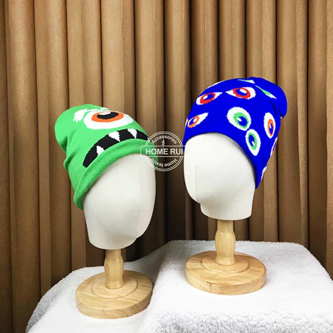 ODM High Quality Soft Custom Logo Knitted Hat Child Toddler Monster Cute Eyes All Over Print Jacquard Acrylic Cap Winter Beanie