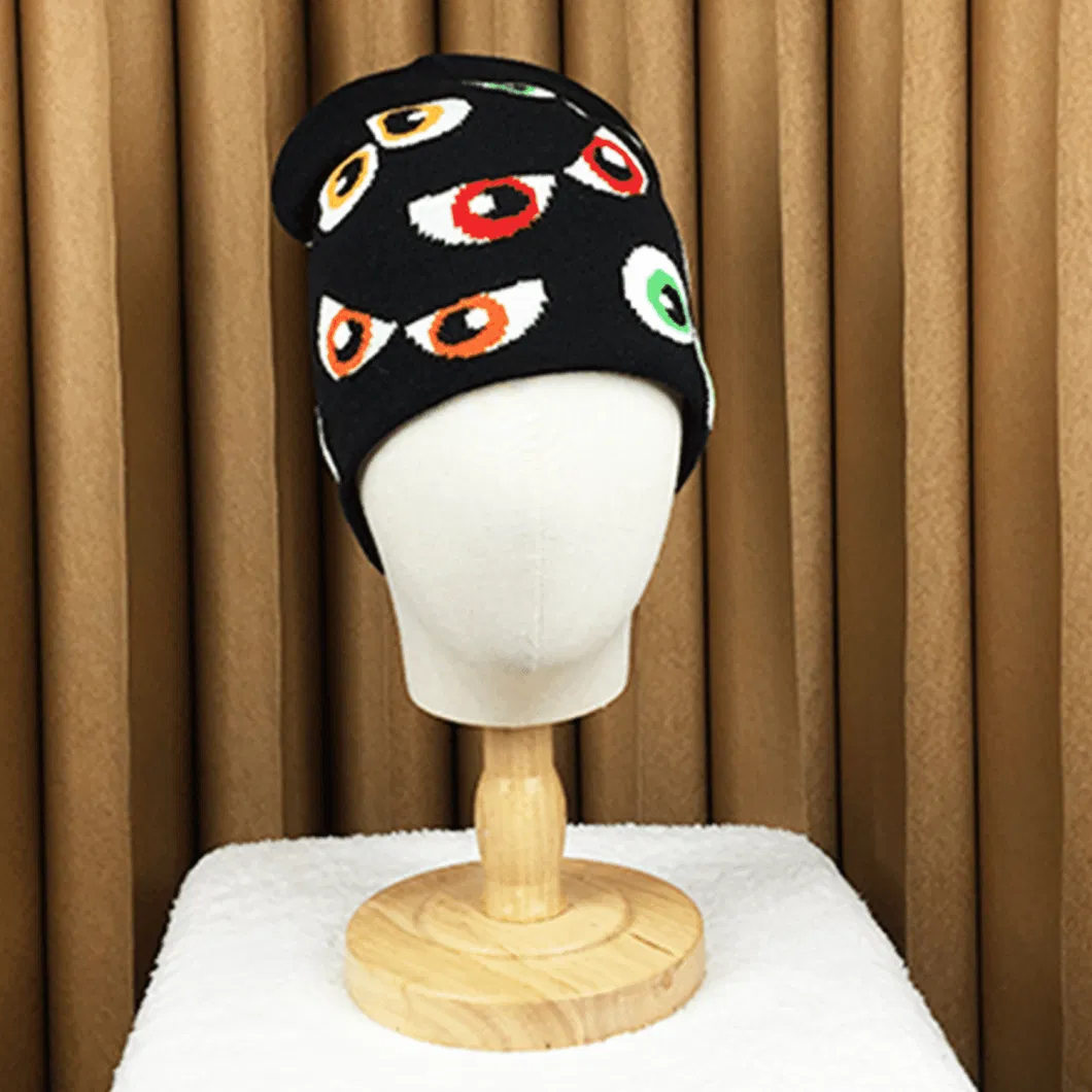 Manufacturers Custom Logo Knitted Hat Kids Child Hair Monster Eyes Skully Chunky All Around Print Jacquard Acrylic Winter Beanie