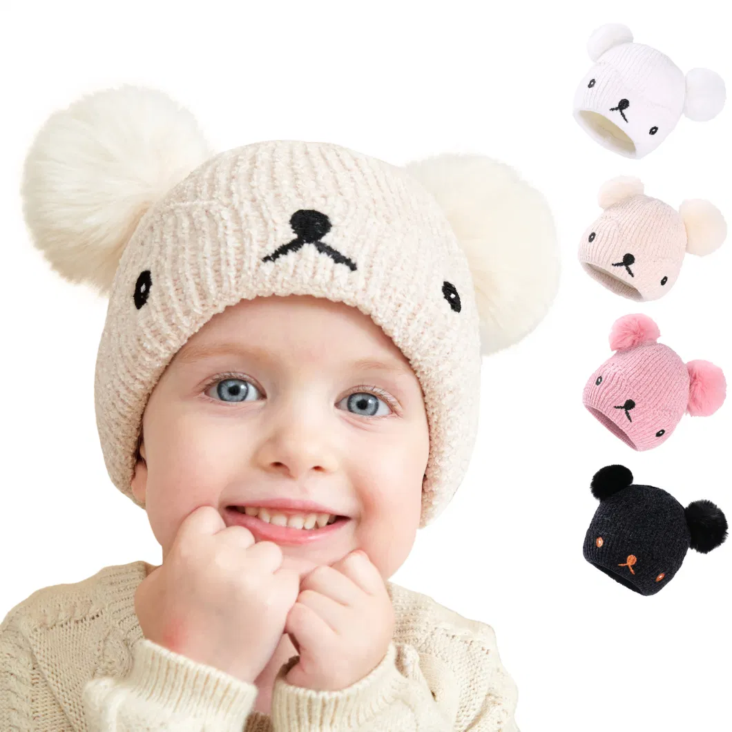 Wholesale Winter Kids Acrylic Skein Crochet Knitted Double POM POM Beanies Custom Label Toddle Baby Hats