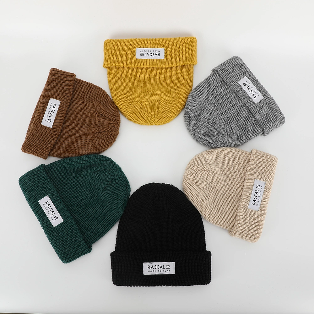 Unisex Custom High Quality Plain Slouchy Cuff Design My Woven Label Logo Knitted Fisherman Beanie Acrylic Skull Cap Winter Hat