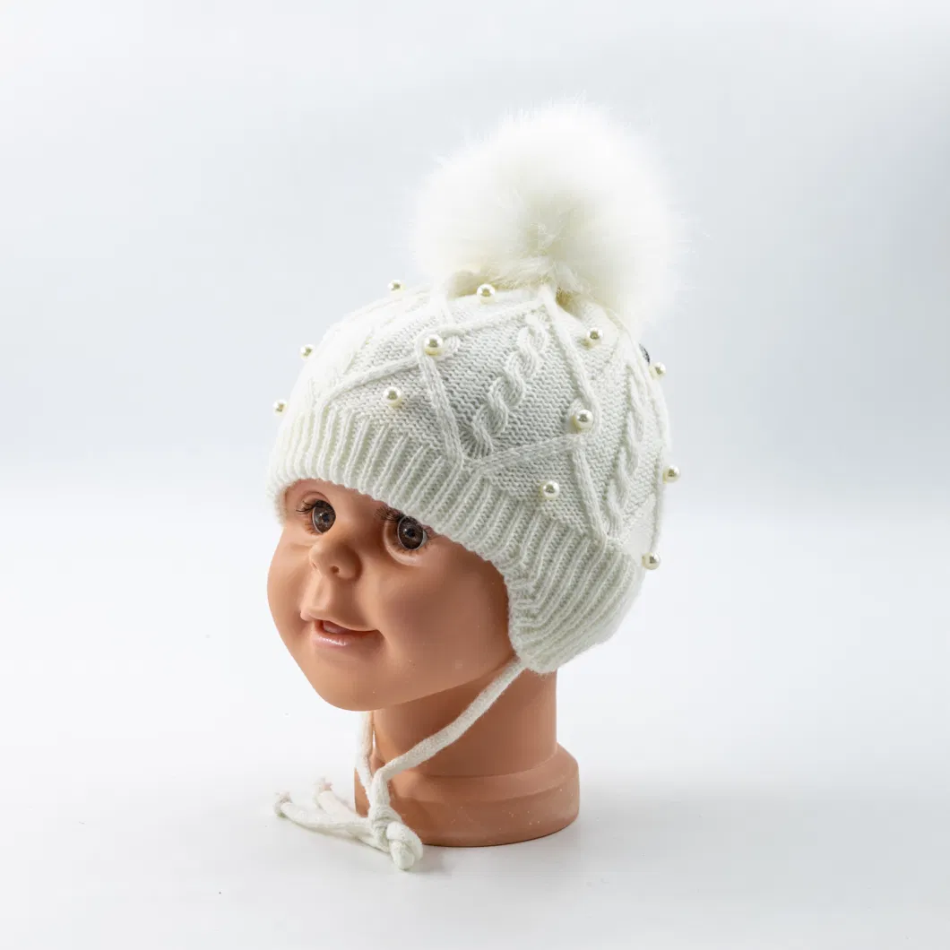 Baby Knitted Cute Earmuff Knitted Winter Hat with Fake Fur Pompon