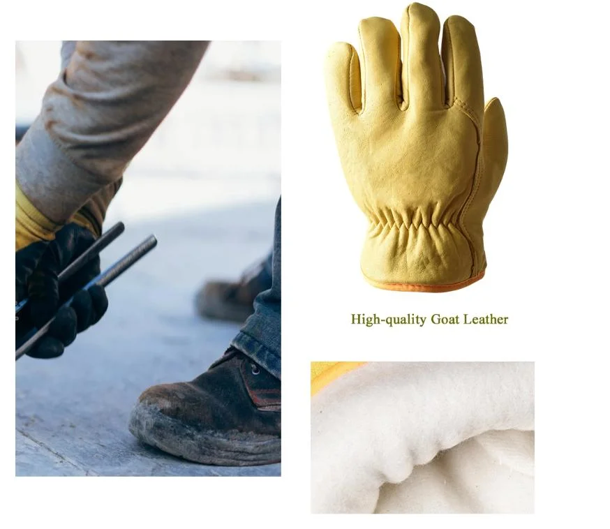 High-Quality Winter Warm Driver Goatskin Leather Work Gloves with Wool Lining