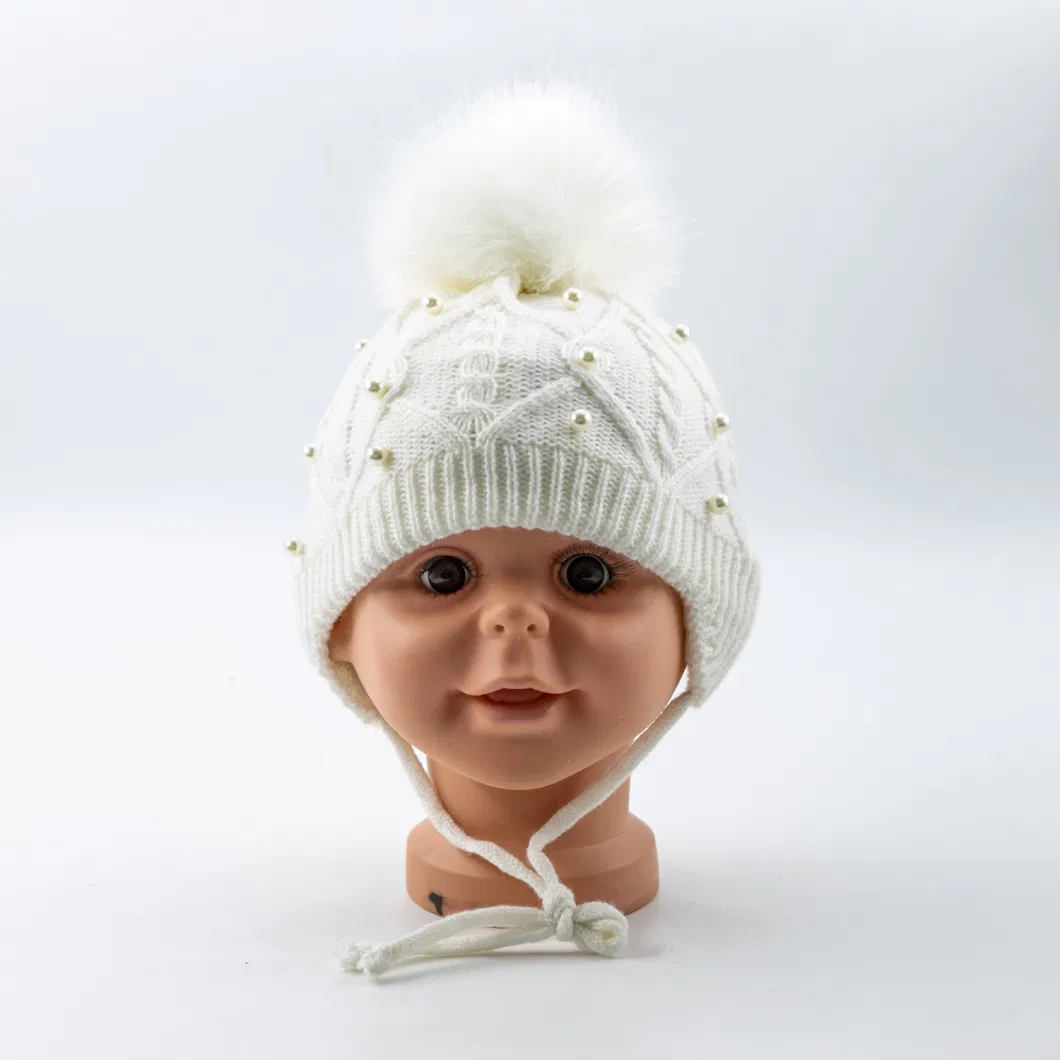 Baby Knitted Cute Earmuff Knitted Winter Hat with Fake Fur Pompon