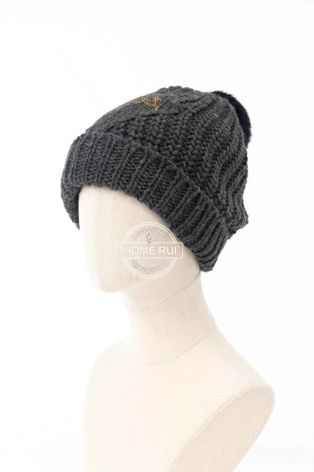 Women Warm Soft Acrylic Dark Grey Charocal Black Pompom Gold Metal Beads Deer Design Knitted Rib Bonnet Casual Hat Beanie