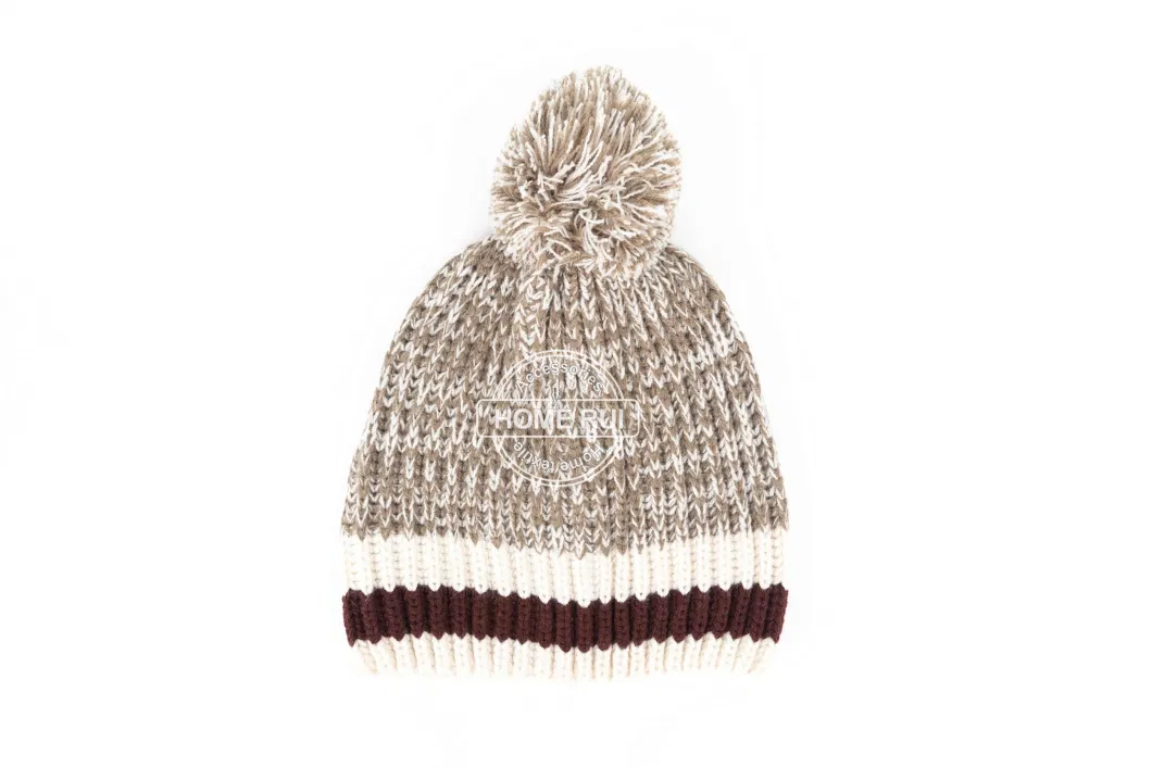 Women Warm Soft Slouchy Acrylic Brown White Pompom Blended Mixed Rib Striped Bonnet Casual Hat Beanie