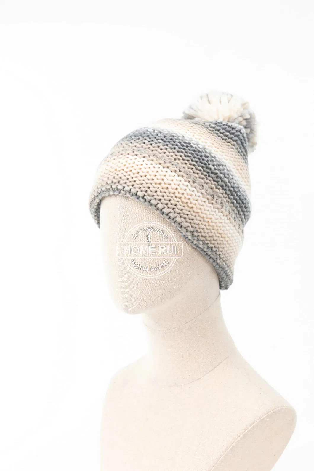 Women Warm Soft Slouchy Acrylic Fold Edge Beige Grey White Pompom Blended Mixed Striped Bonnet Casual Hat Beanie