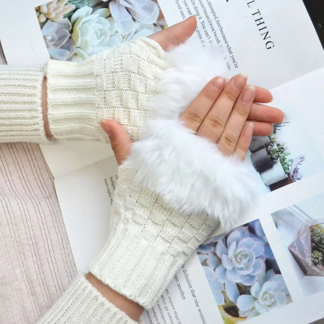 Women Arm Crochet Knitting Faux Wool Mitten Warm Fingerless Gloves