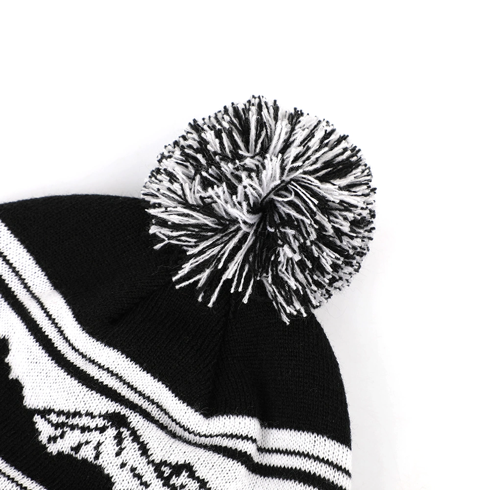 Hot Selling Products Winter Pompom Beanies 100% Acrylic Children Unisex Beanie Hats Embroidery Patch Black Jaquared Beanie