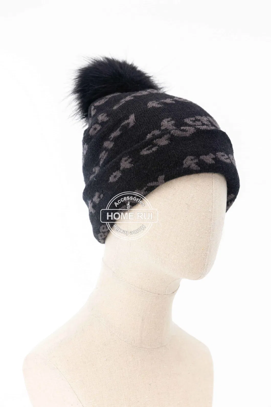 Women Warm Soft Slouchy Acrylic Black Fur Pompom Grey Knitted Jacquard Letter Bonnet Casual Hat Beanie