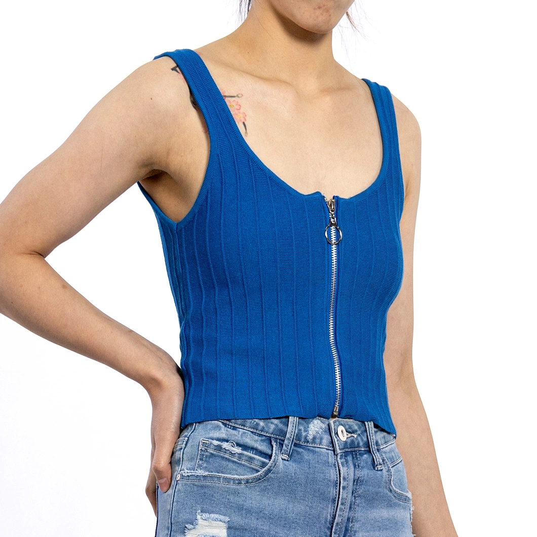 Custom Summer Cool Knitted Cotton Blue Female Vest Sleeveless Women Top