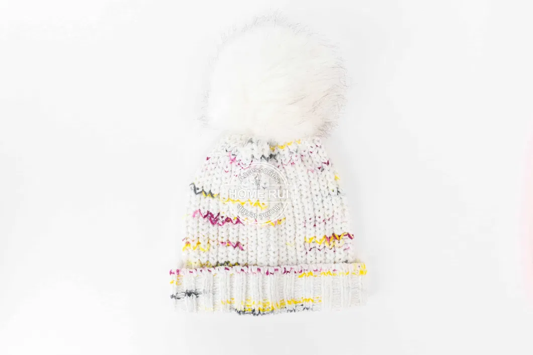 Women Warm Soft Slouchy White Fold Edge Fur Pompom Section Dying Chenille Mixed Colour Knitted Rib Solid Plain Bonnet Casual Hat Beanie