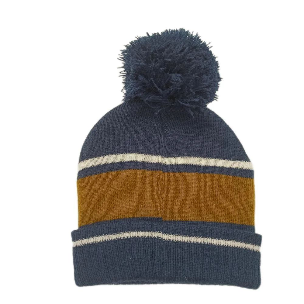 Hot Sale Cap Baby Boys Double Layers Stripe Jacquard and Embroidery Beanie Hat with Pompom and Woven Label