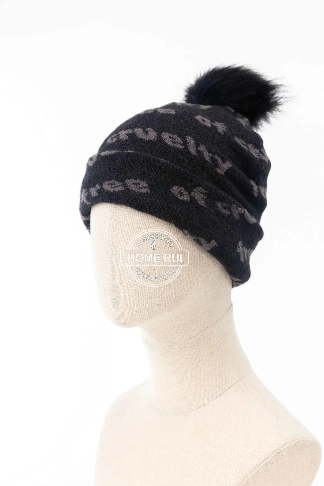 Women Warm Soft Slouchy Acrylic Black Fur Pompom Grey Knitted Jacquard Letter Bonnet Casual Hat Beanie