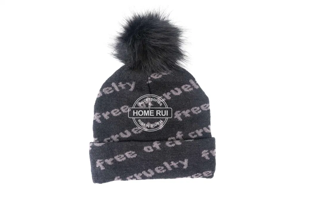 Women Warm Soft Slouchy Acrylic Black Fur Pompom Grey Knitted Jacquard Letter Bonnet Casual Hat Beanie