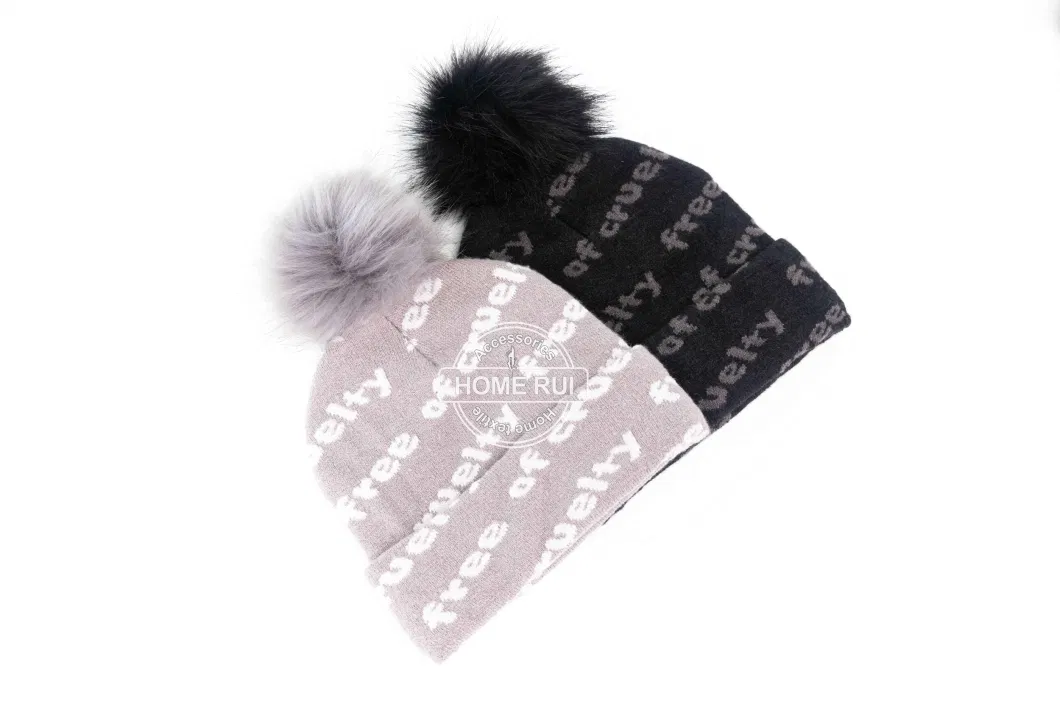 Women Warm Soft Slouchy Acrylic Black Fur Pompom Grey Knitted Jacquard Letter Bonnet Casual Hat Beanie