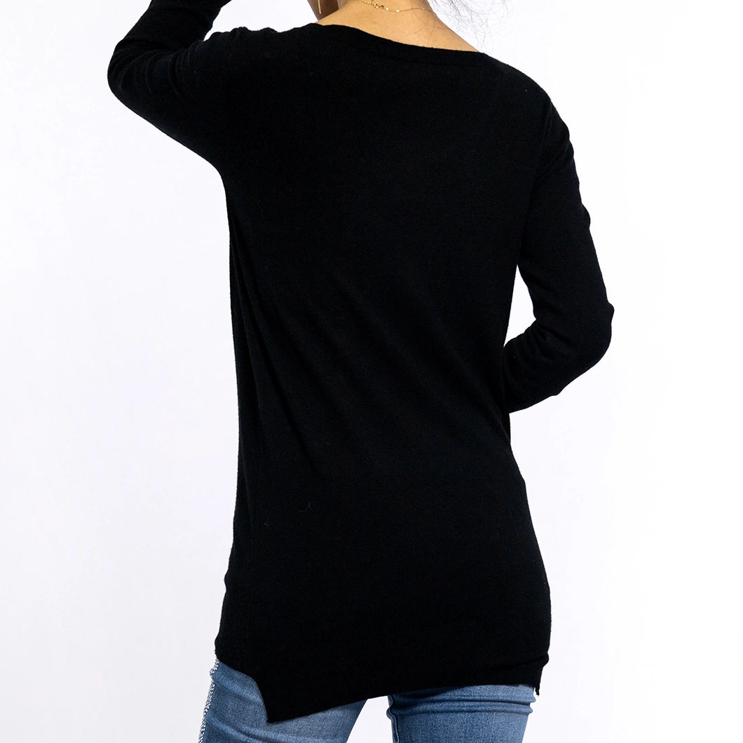 Autumn Round Neck Printed Drill Long Knitwear Pullover Black Sweaters Women Tops