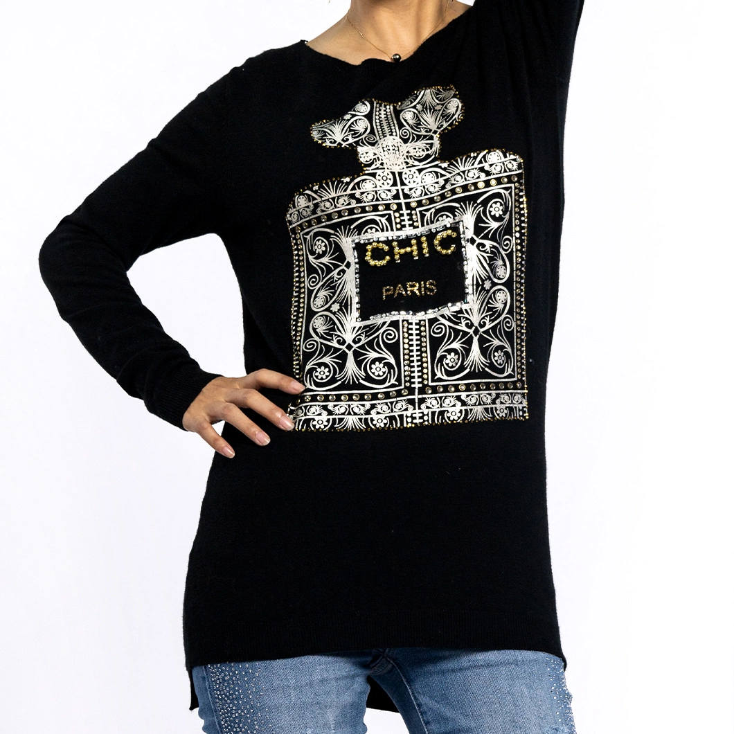 Autumn Round Neck Printed Drill Long Knitwear Pullover Black Sweaters Women Tops