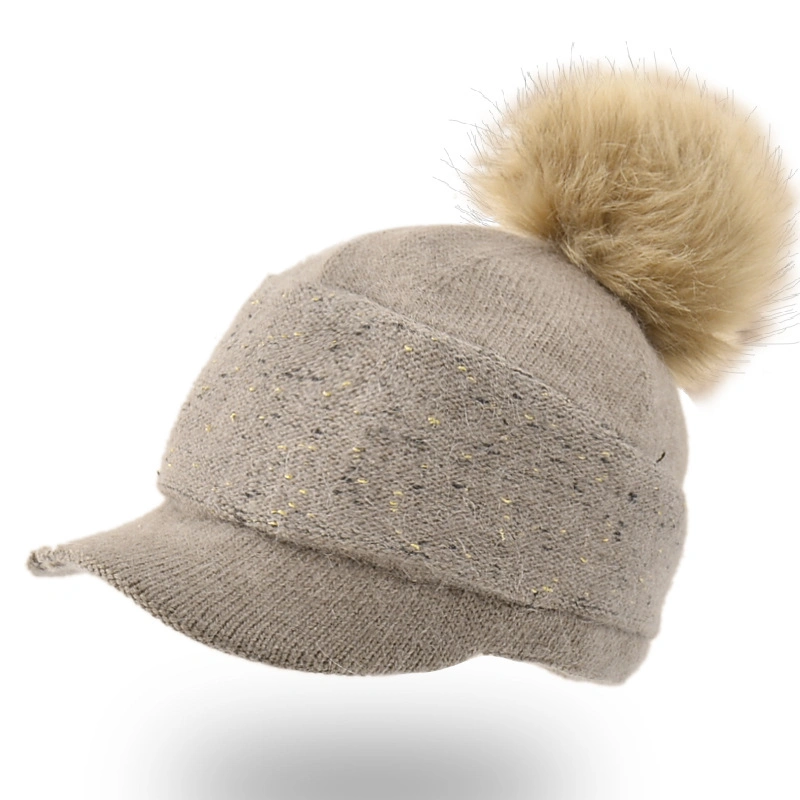 Women&prime;s Winter Knitted Warm Baseball Hat Cute POM POM Rabbit Hair Beanie Hat