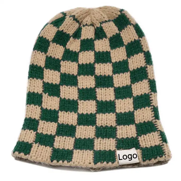 Winter Warm Outdoor Ski Checkerboard Checkered Printed Custom Logo Elastic Knit Beanie Hat