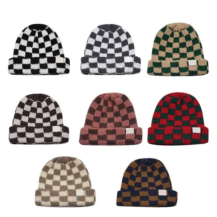 Winter Warm Outdoor Ski Checkerboard Checkered Printed Custom Logo Elastic Knit Beanie Hat