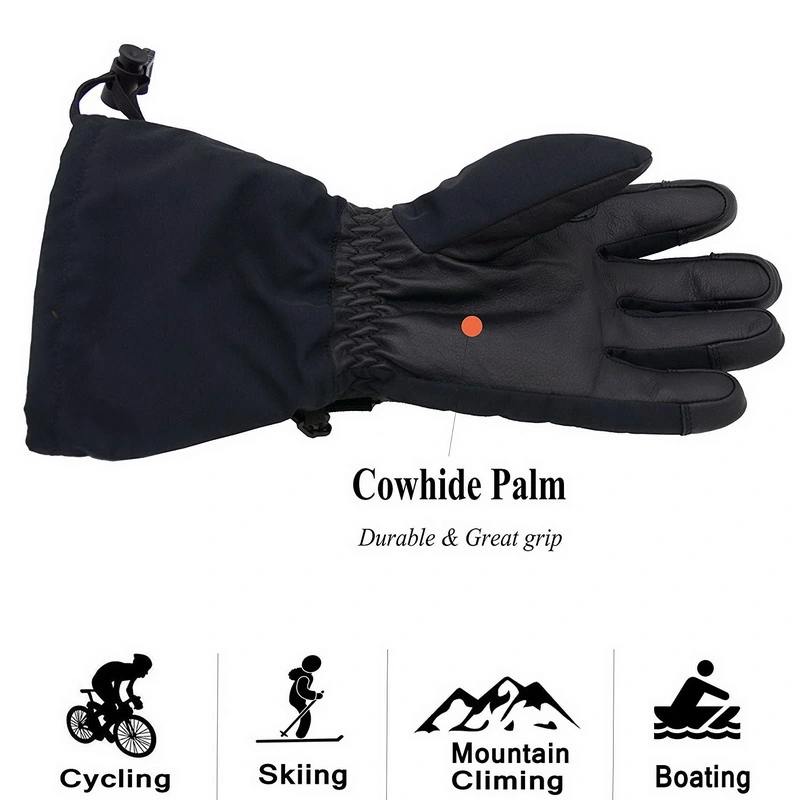 Prisafety Black Cowhide Palm Windproof Waterproof Winter Snowboarding Ski Gloves Adjustable Mens Winter Gloves