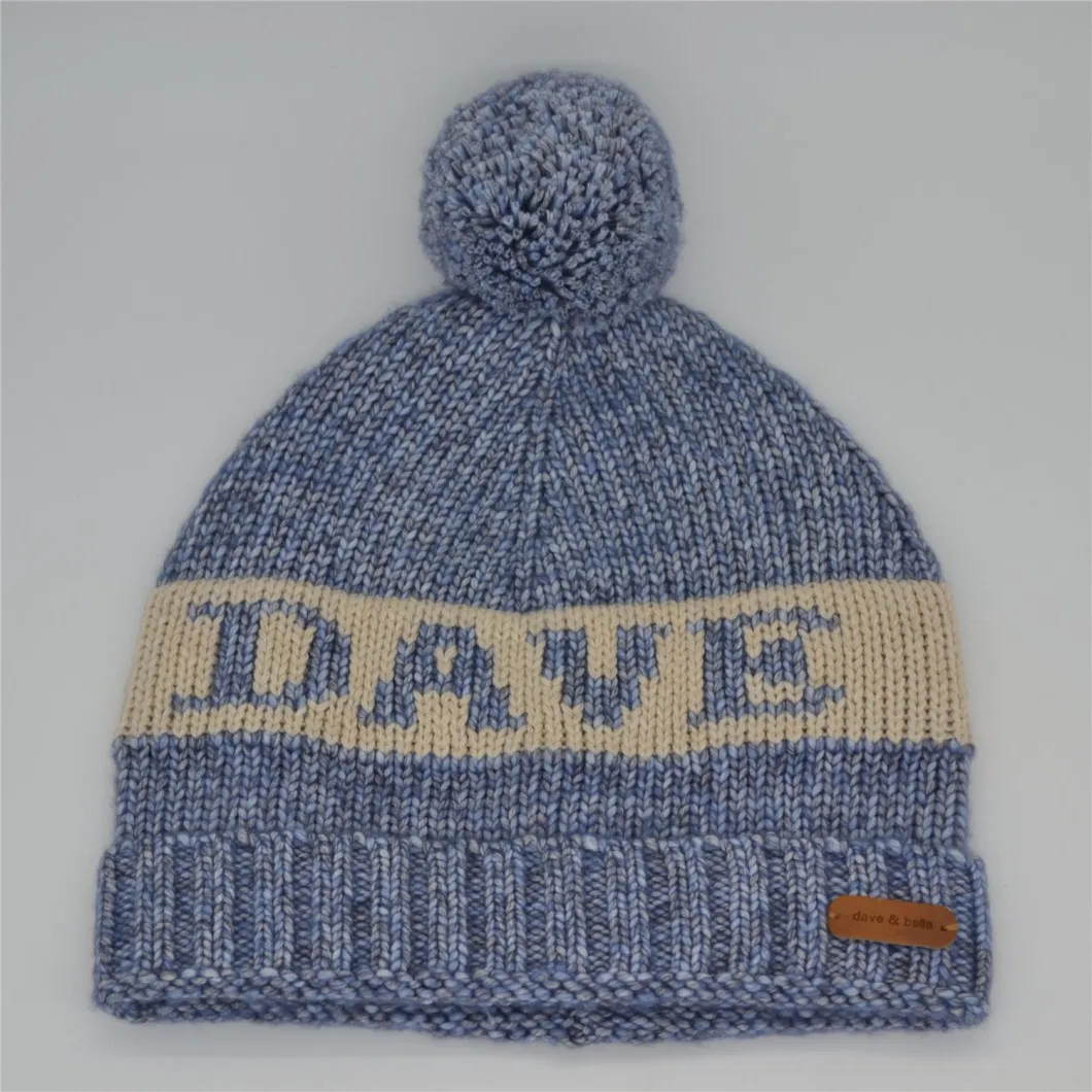 Custom Polar Fleece Polyester Light Blue and Cream-Colored Winter Autumn Knitted Beanie for Kids Children Unisex Custom Logo