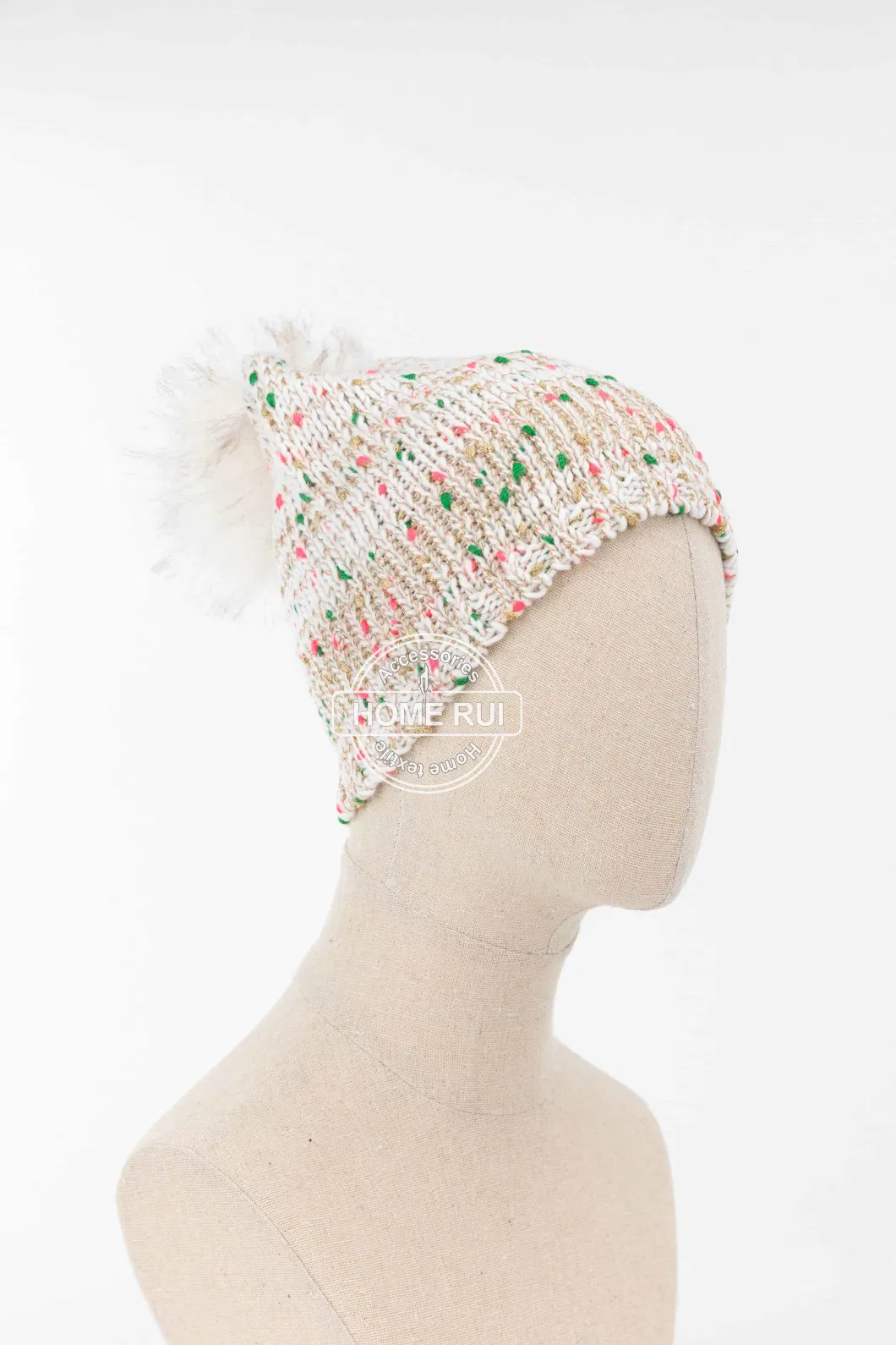 Women Warm Soft Acrylic White Fur Pompom Blended Mixed Colour Neps Metalic Yarn Knitted Rib Bonnet Casual Hat Beanie