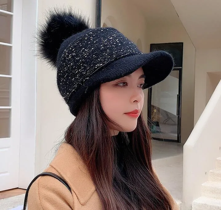 Women&prime;s Winter Knitted Warm Baseball Hat Cute POM POM Rabbit Hair Beanie Hat