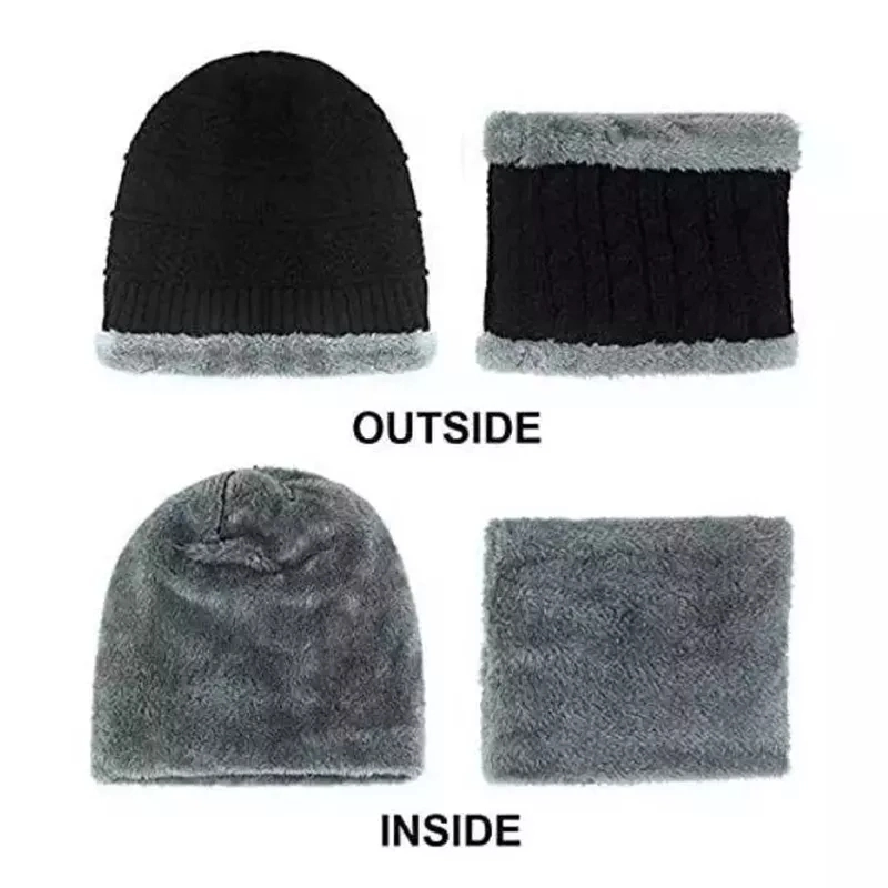 Velvet Lined Thicken Ski Skull Caps Men Kids Winter Hat Scarf Set Neck Warmer Wool Knitted Beanie Hats