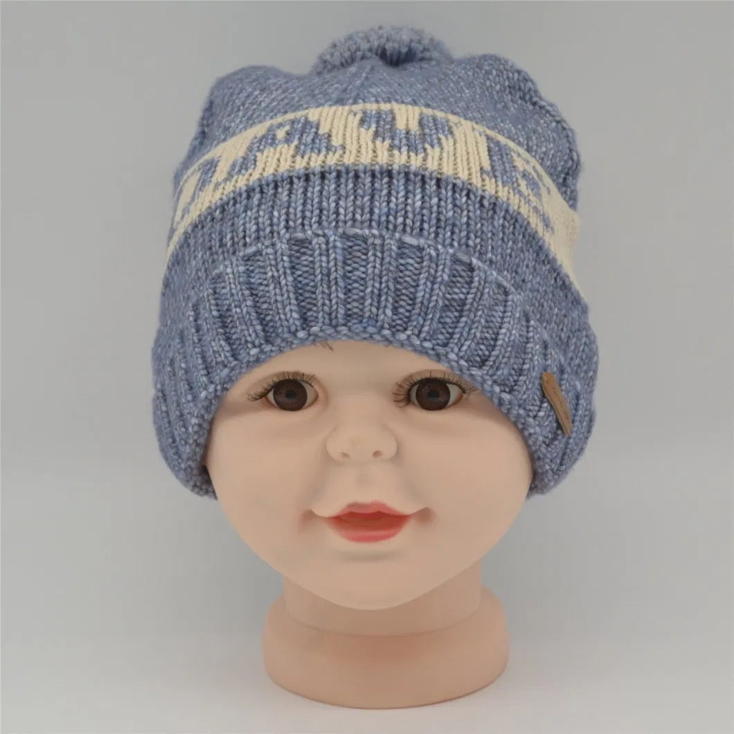 Custom Polar Fleece Polyester Light Blue and Cream-Colored Winter Autumn Knitted Beanie for Kids Children Unisex Custom Logo