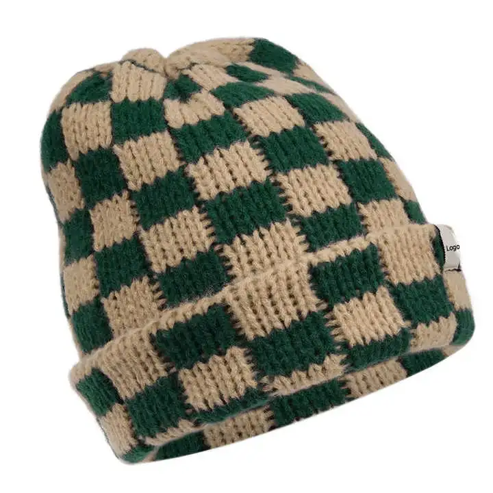 Winter Warm Outdoor Ski Checkerboard Checkered Printed Custom Logo Elastic Knit Beanie Hat