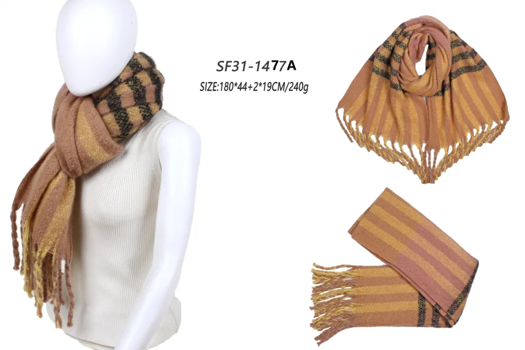 Custom Made Designer Lady Accessories Acrylic Cashmere Stripes Brushed Thick Scarf with Long Tassle