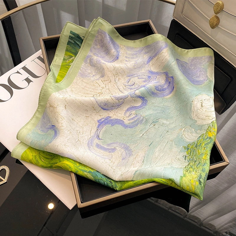 French Retro Green Jungle Silk Scarf Women&prime;s Spring Silk Square Scarf Scarf Simple 70cm Silk Scarf