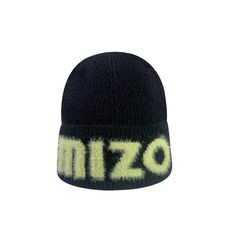 2023 Customize Logo Double Thick Layer 100%Acrylic Cuffed Knit Beanie Slouchy Mohair Beanie