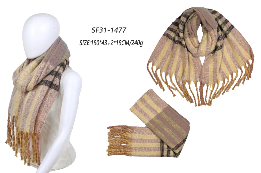 Custom Made Designer Lady Accessories Acrylic Cashmere Stripes Brushed Thick Scarf with Long Tassle