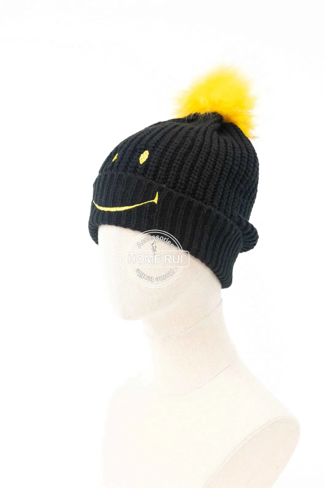 Women Warm Soft Acrylic Black Yellow Pompom Solid Plain Rib Smile Face Embroidery Bonnet Casual Hat Beanie