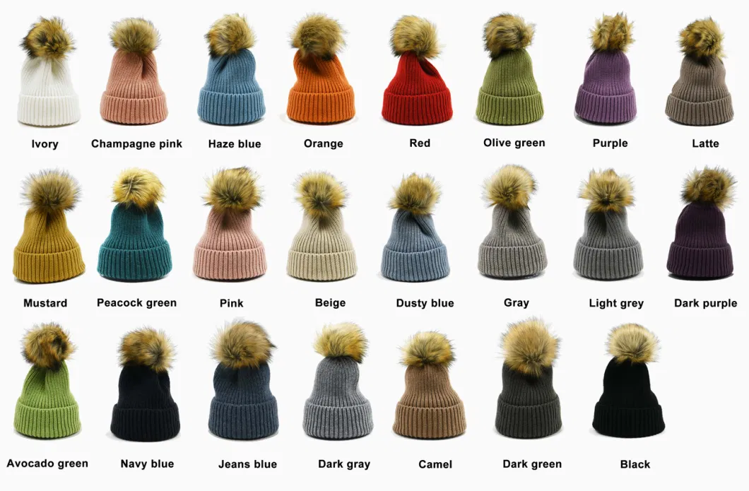 Beanie Hats Manufacturer Custom Embroidery Logo Low MOQ Chunky Warm Thick Ribbed Knitted Winter Faux Fur POM POM Beanie