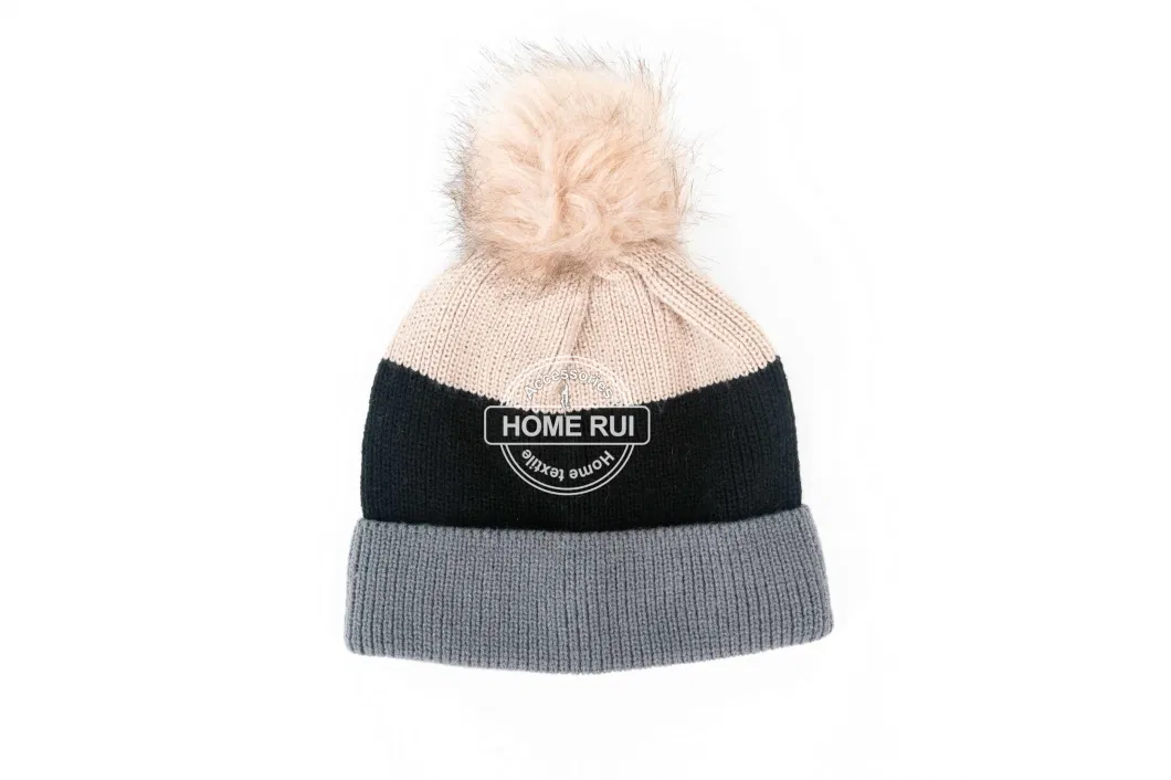 Women Warm Soft Rayon Grey Black Pink Blended Mixed Colour Fur Pompom Knitted Striped Colour Block Bonnet Casual Hat Beanie